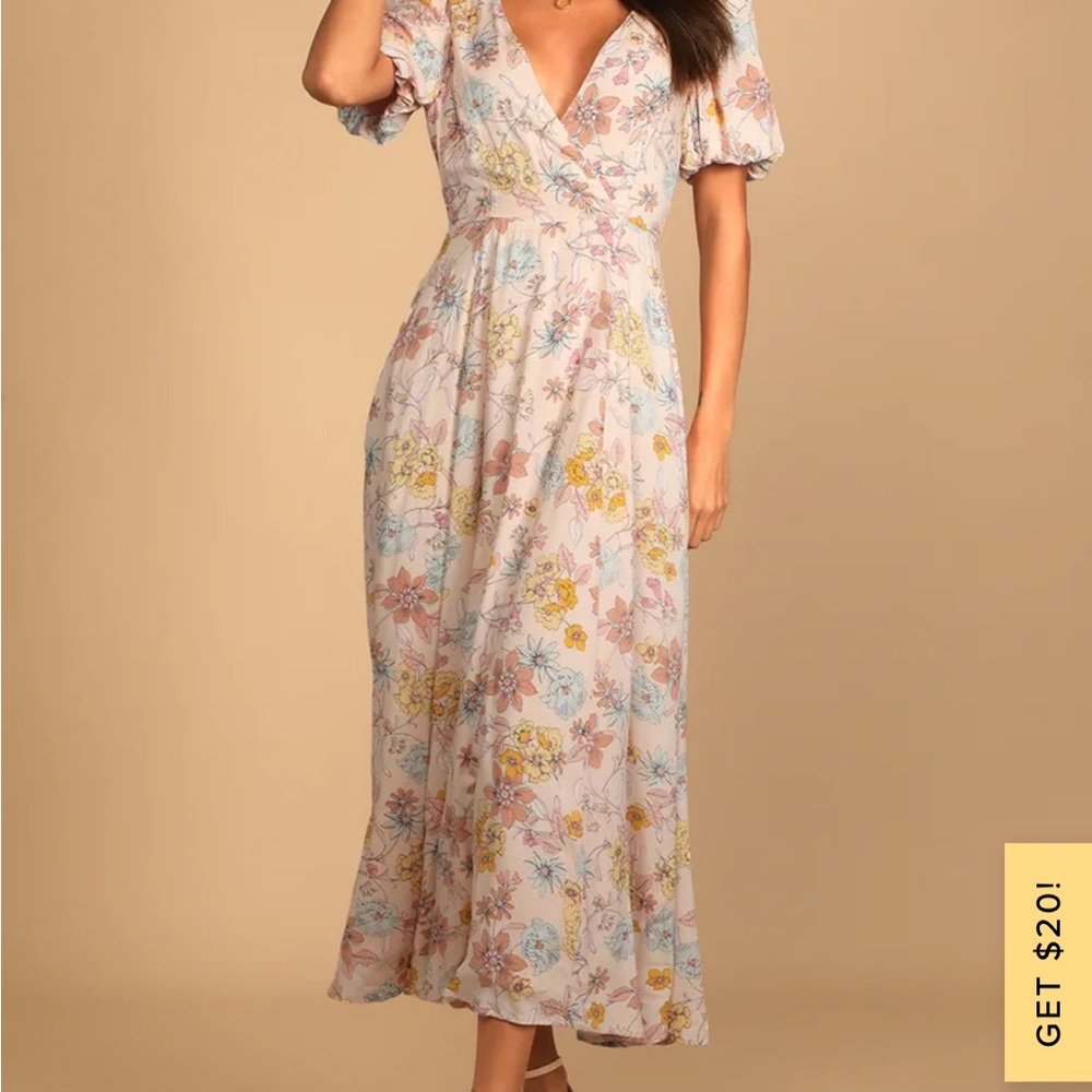 Lulus Pink Floral Print Puff Sleeve Midi Dress XL